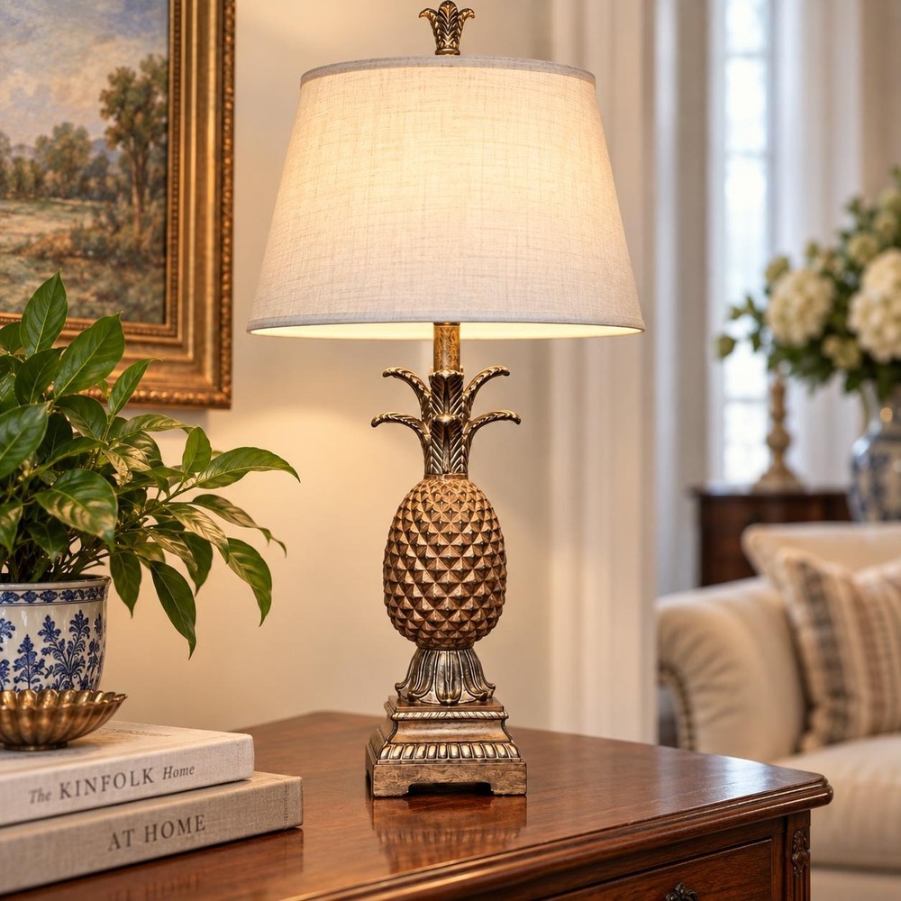 Vintage 2006 Pineapple Lamp NO SHADE Gold Tone Resin Tropical Decor 29"